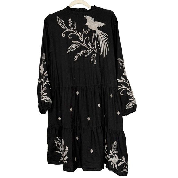 Johnny Was Black Linen Embroidered Frankie Tiered Field Dress Bird Boho Large - Picture 2 of 15